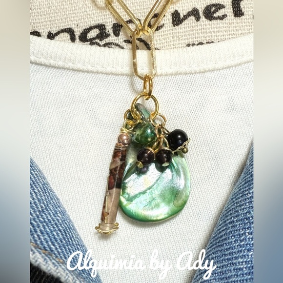 Green shell and Gold Pendant Necklace amethyst - Picture 3 of 3